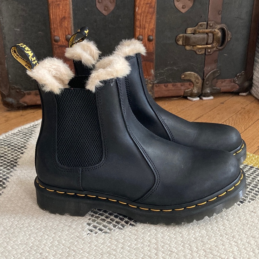 Dr. Martens Black Leather Chelsea Boots with Faux Fur Lining